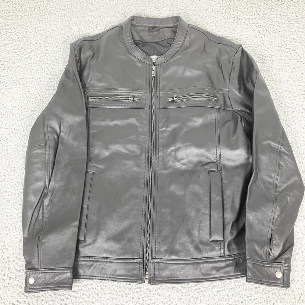 Derringer Leather Jacket Mens L Black Cafe Racer Moto Genuine Leather Full Zip